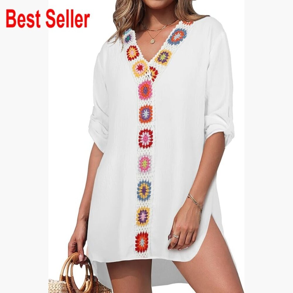 Polyester Spandex V-Neck Cover-Up with 3/4 Sleeves and Crochet Trim